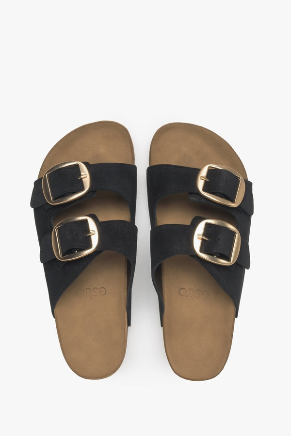 Women's black Estro sandals with thick velour straps - top view presentation of the model.