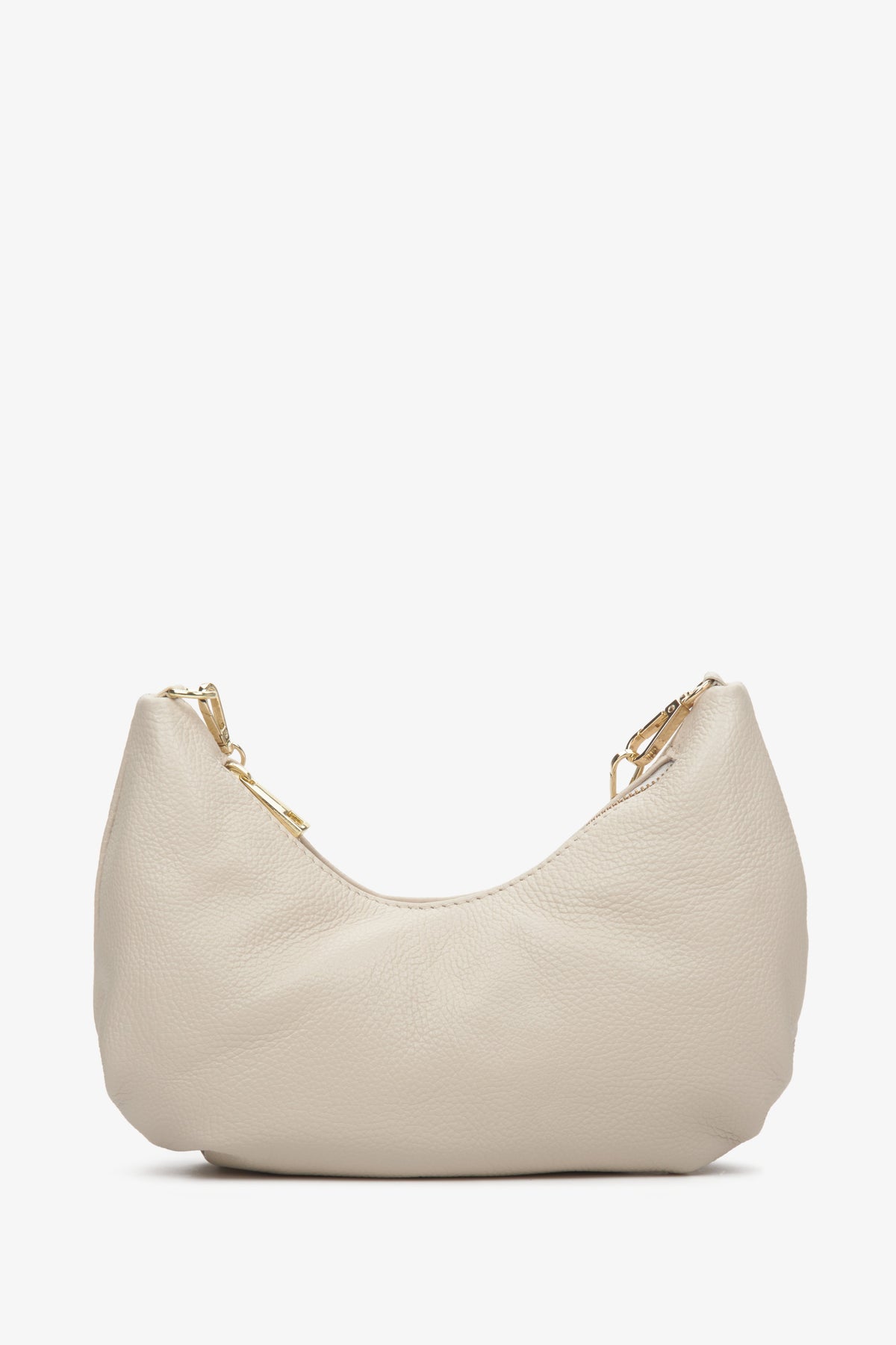 Women's light beige handbag made of Italian genuine leather with a golden chain.