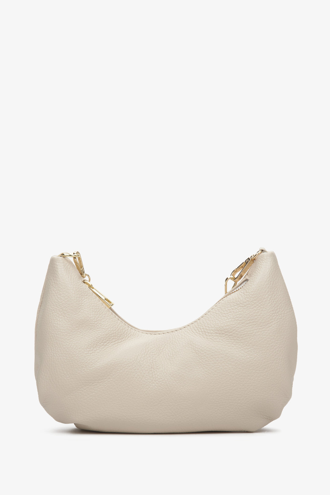 Women's light beige baguette handbag made of Italian genuine leather with a golden chain.