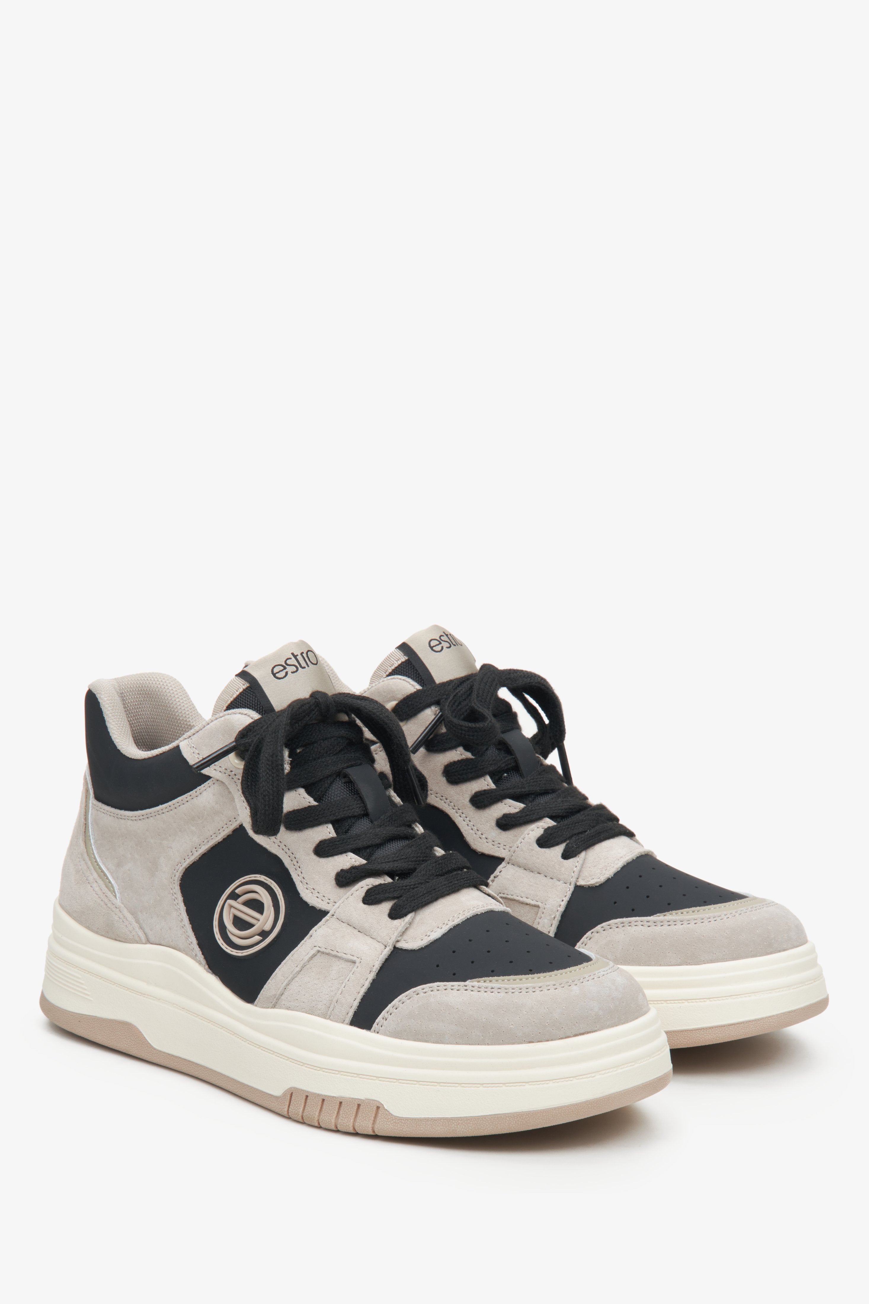 High-top leather women's sneakers by Estro in grey-black color.