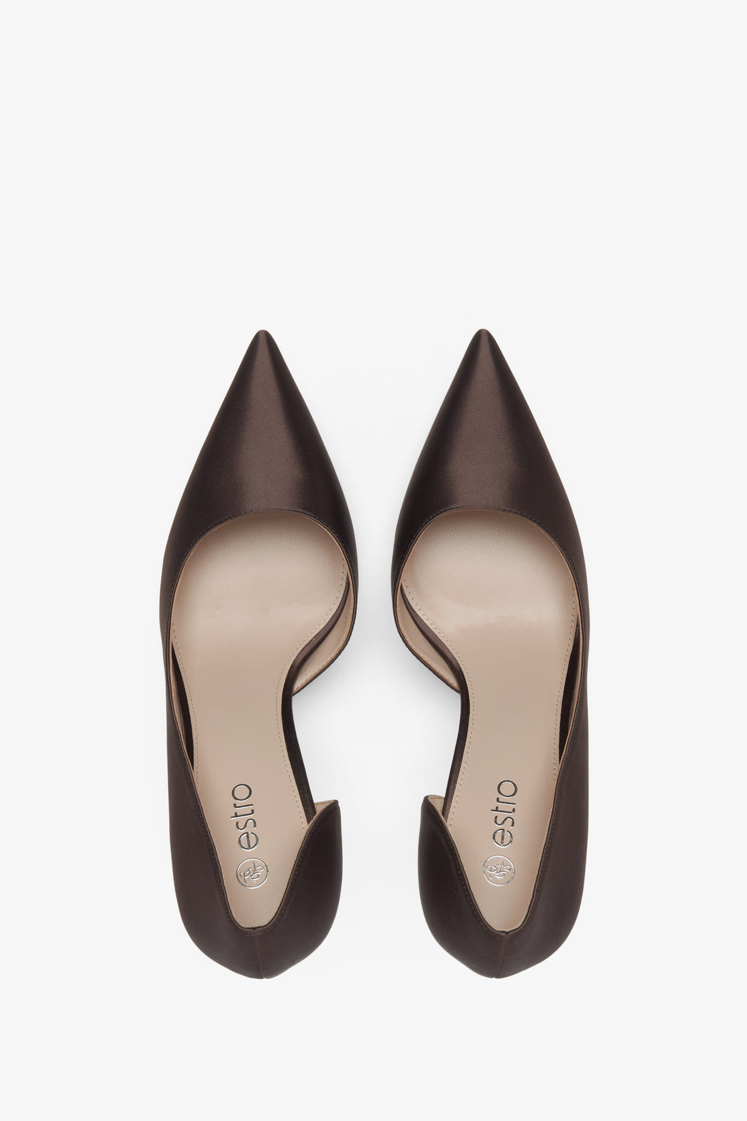 Estro women's satin high heels in dark brown - top view model presentation.