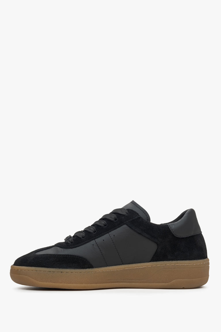 Women's black leather and velour sneakers by Estro - side profile of the shoe.