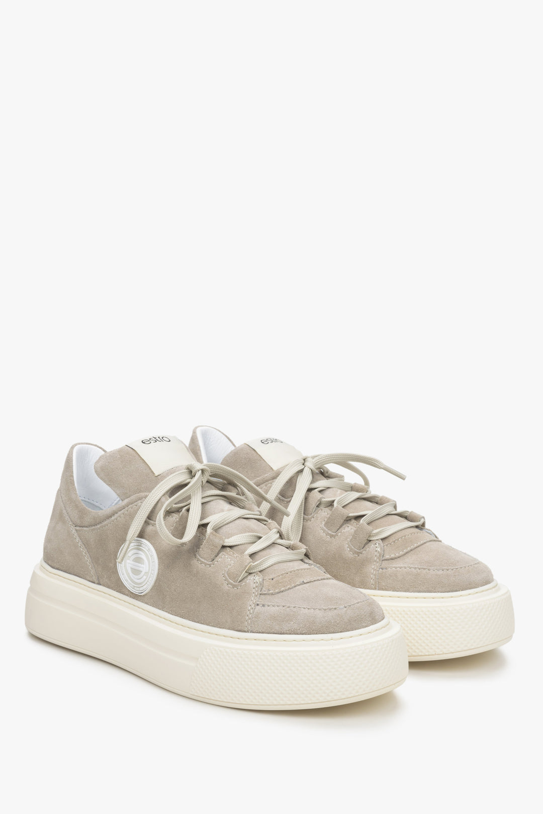 Women's beige platform sneakers made of genuine velour by Estro.