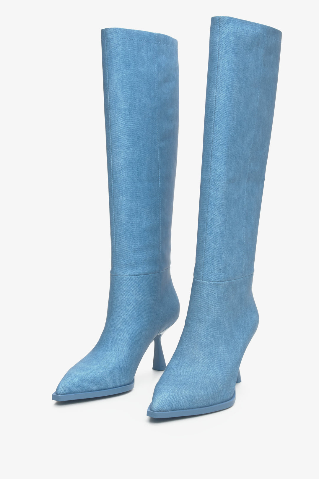 Knee-high blue women's boots by Estro with a pointed toe - close-up on the front of the boot.