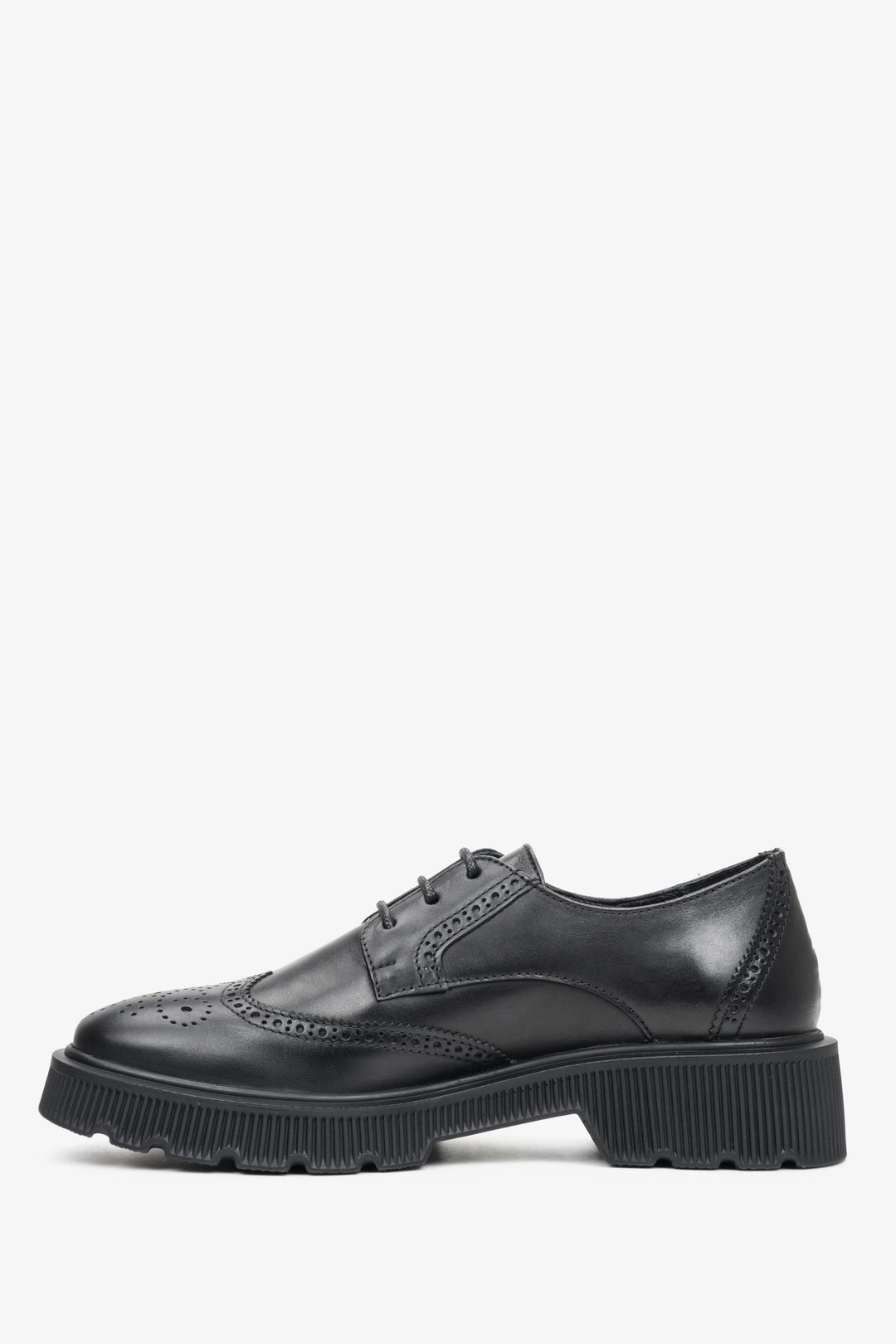 Lace-up, women's black leather shoes made from genuine leather by Estro - side seam of the shoe.