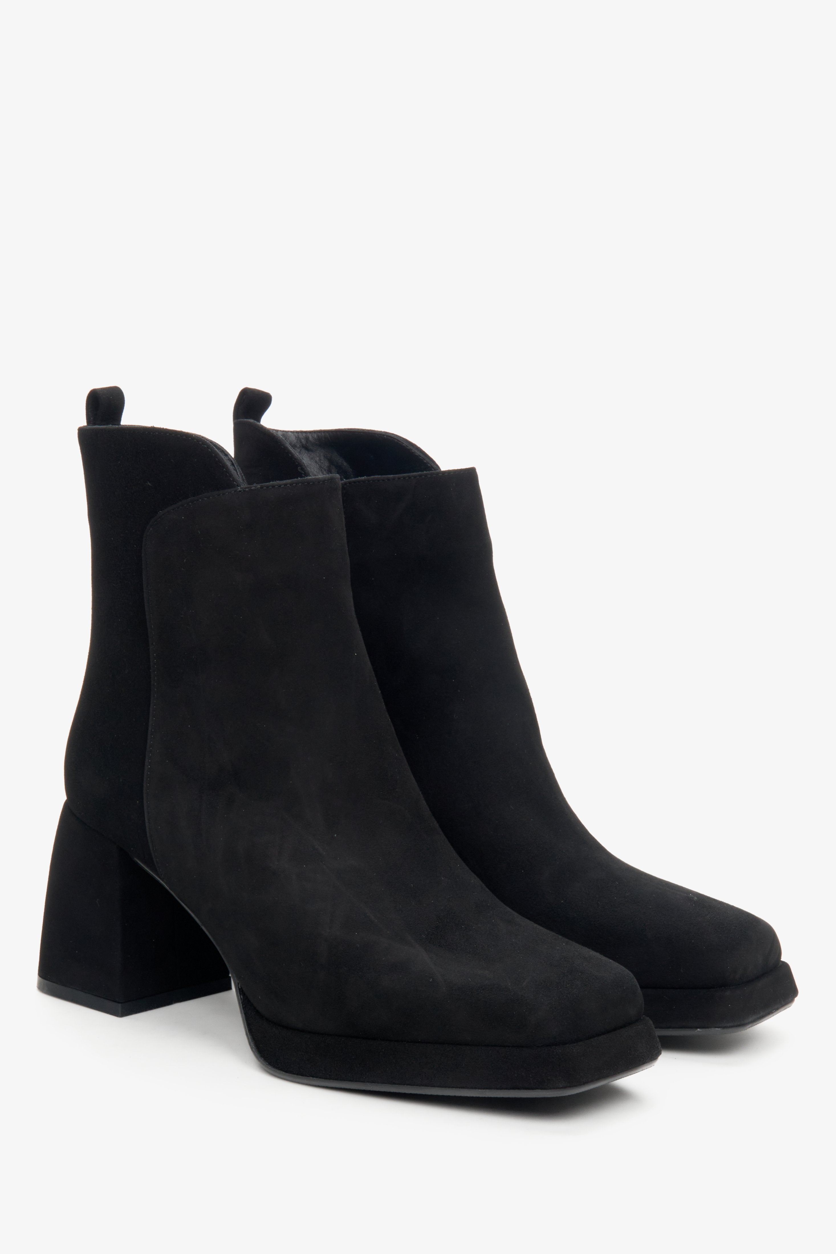 Women's black velour ankle boots with block heel by Estro - close-up on the toe and side line of the boot.