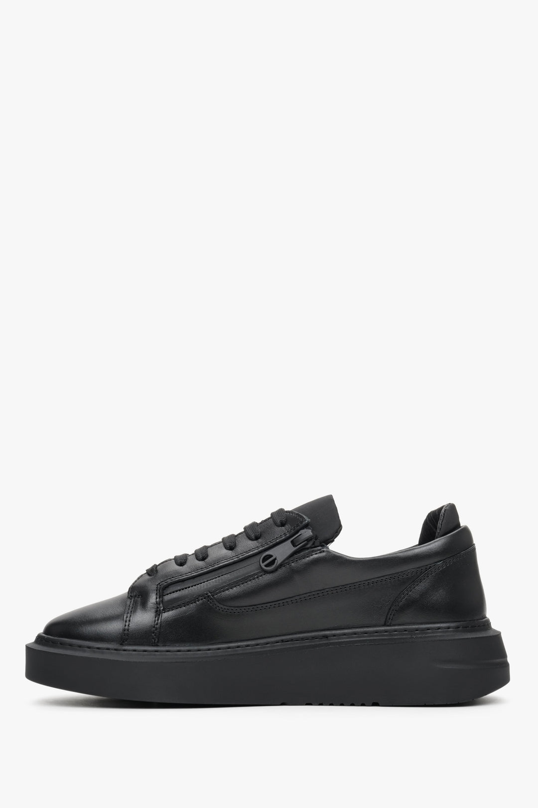 Women's black leather sneakers by Estro with a decorative zipper for spring - shoe profile.