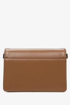 Brown leather small women's handbag by Estro - back of the model.