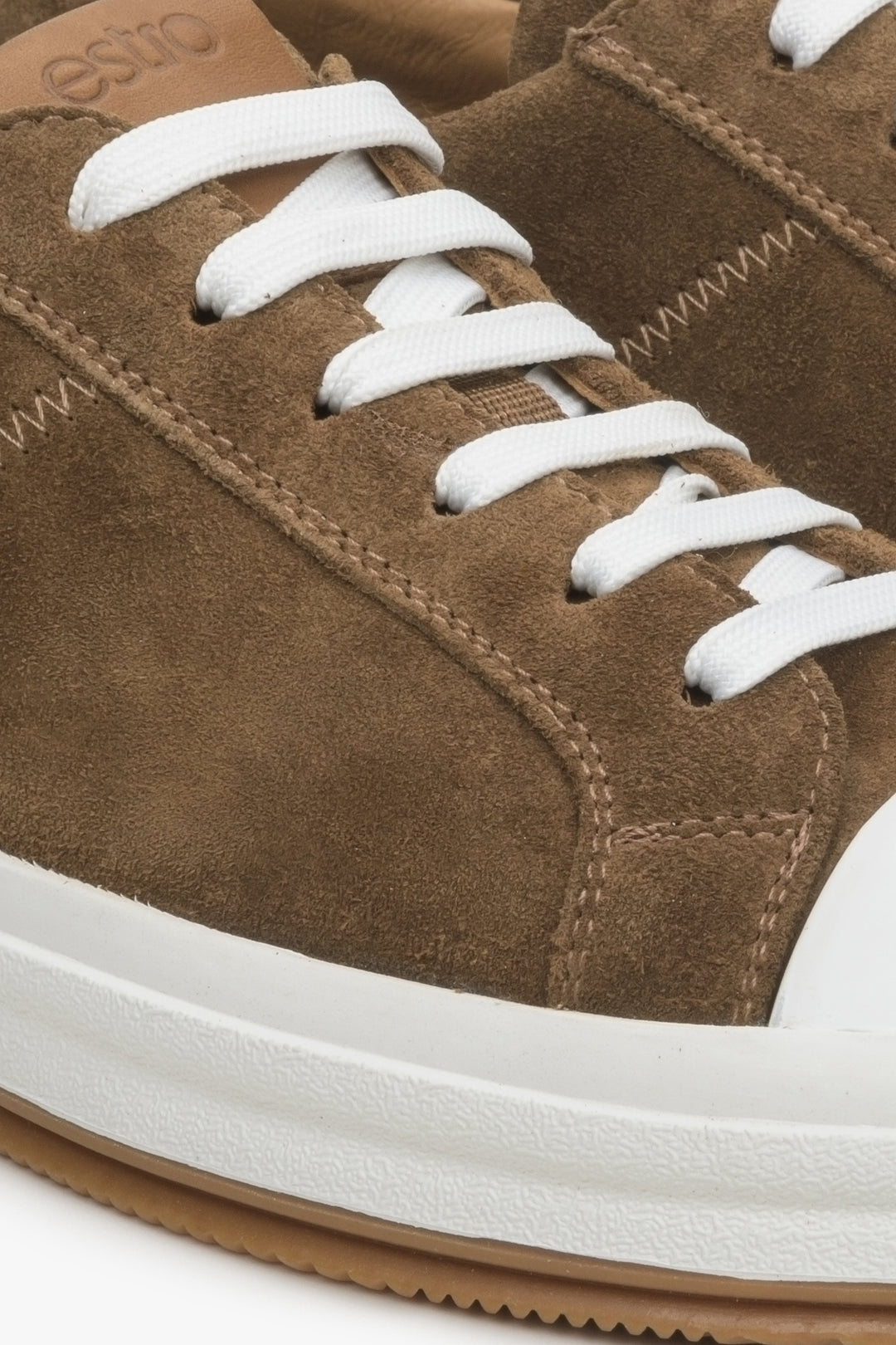 Estro brown men's sneakers made of genuine velour - close-up on details.