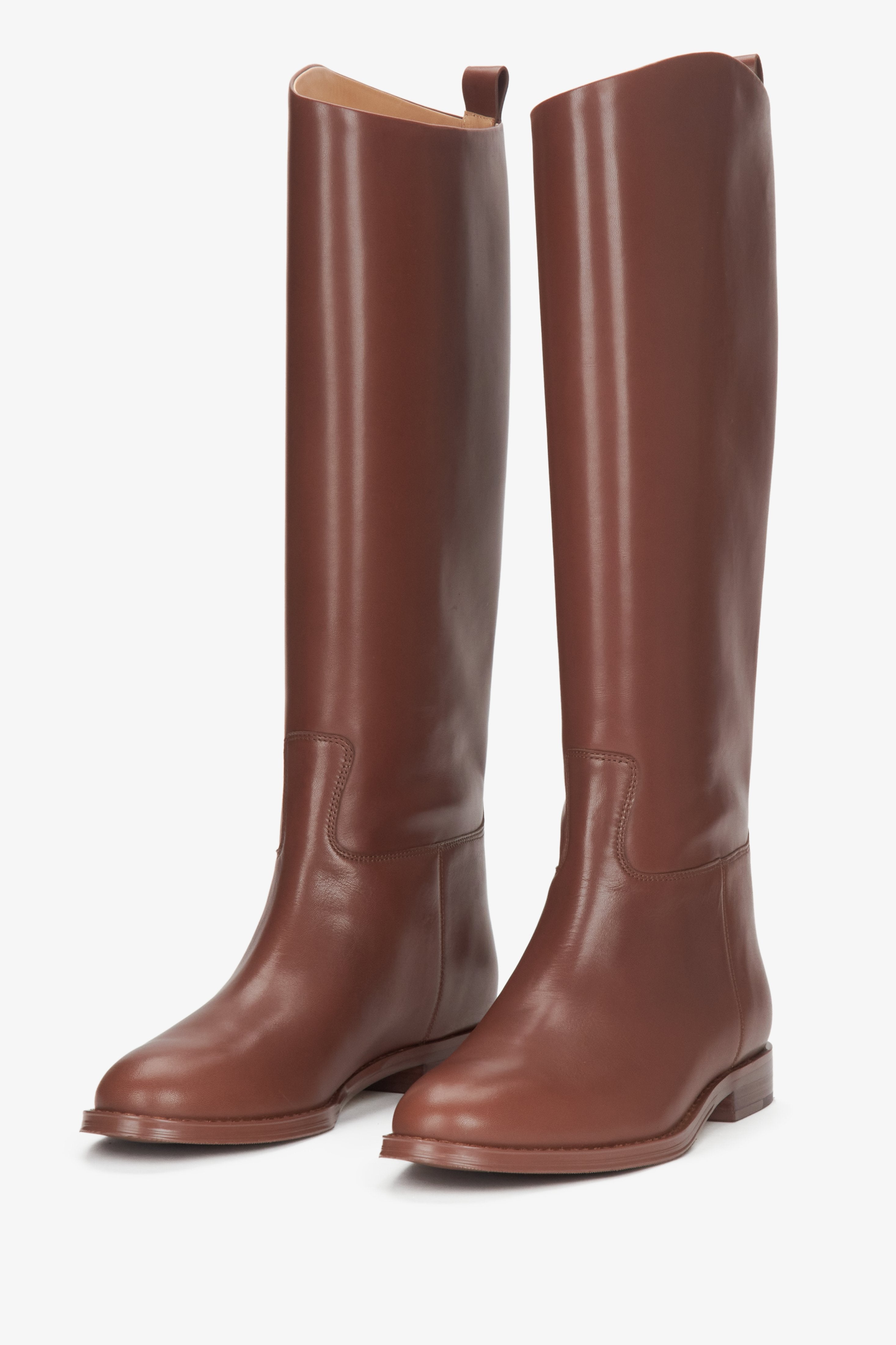 Women's brown knee-high boots with a wide shaft made of genuine leather by Estro - front view.