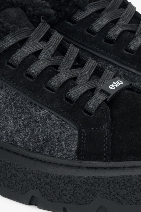 Women's black velour sneakers with insulation by Estro - close-up of the details.