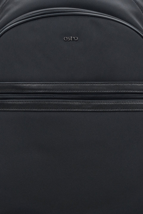  A men's black backpack by Estro - close-up on the details.