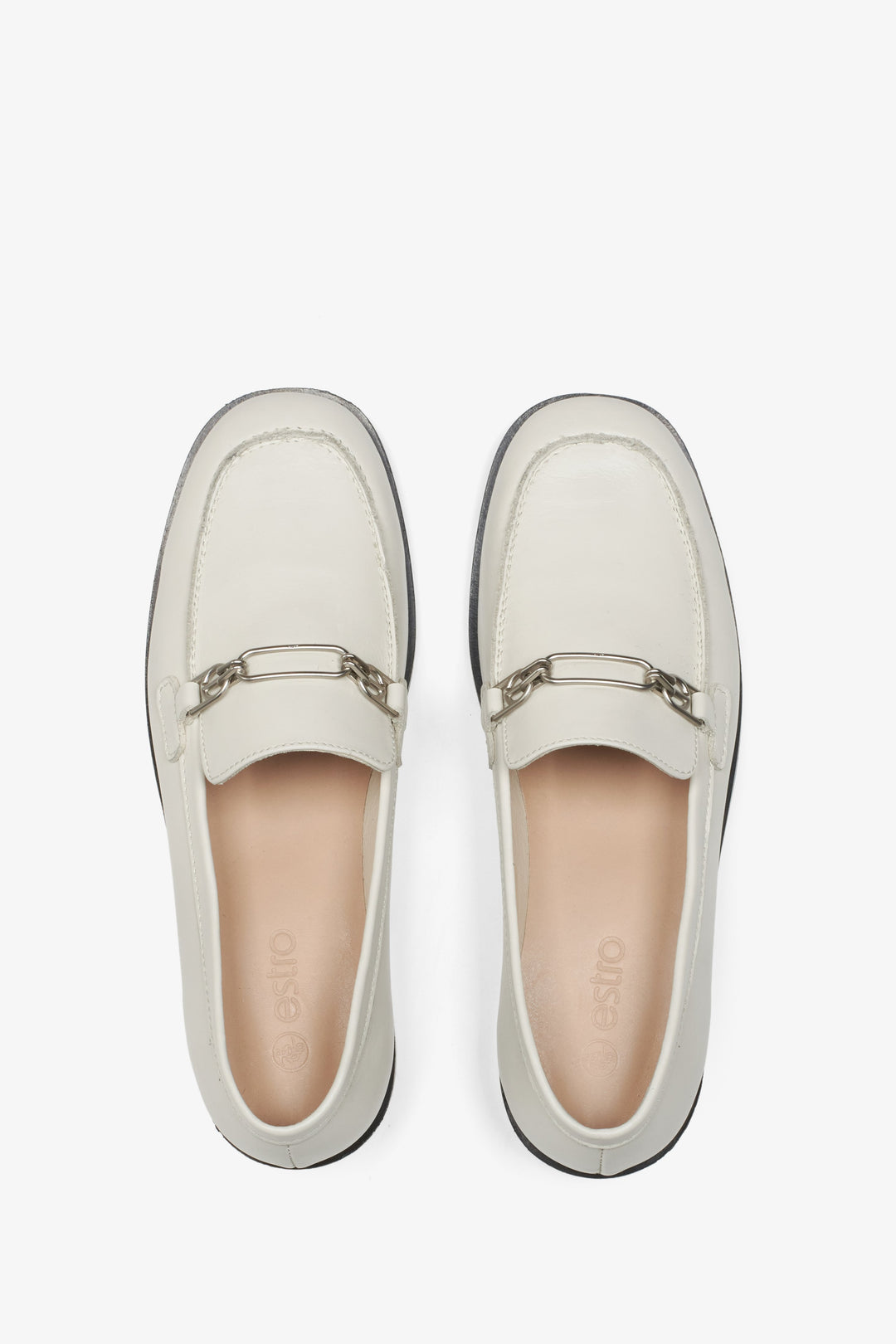 Women's beige leather loafers - presentation from above.