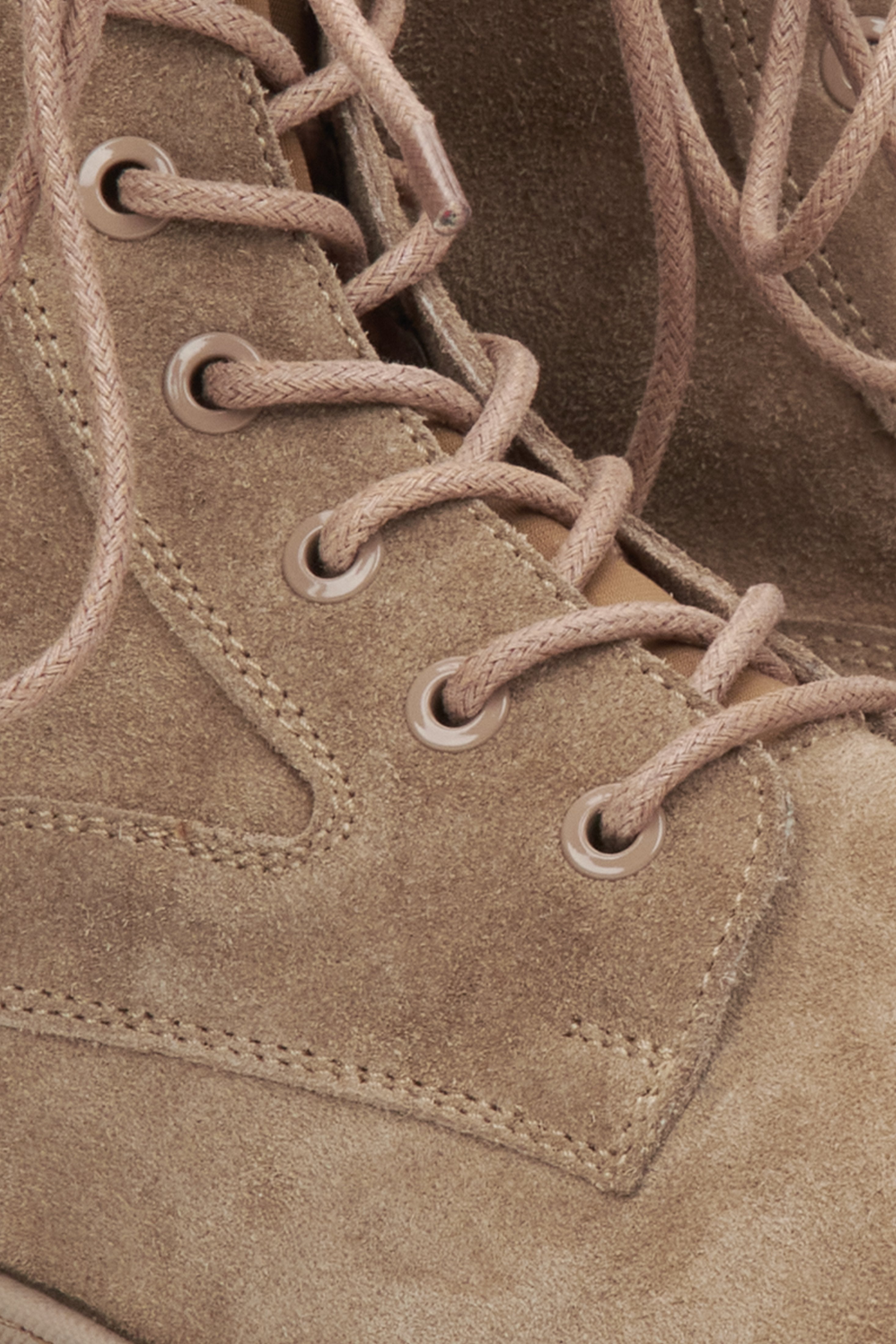 Beige velour women's ankle boots by Estro - close-up of details.