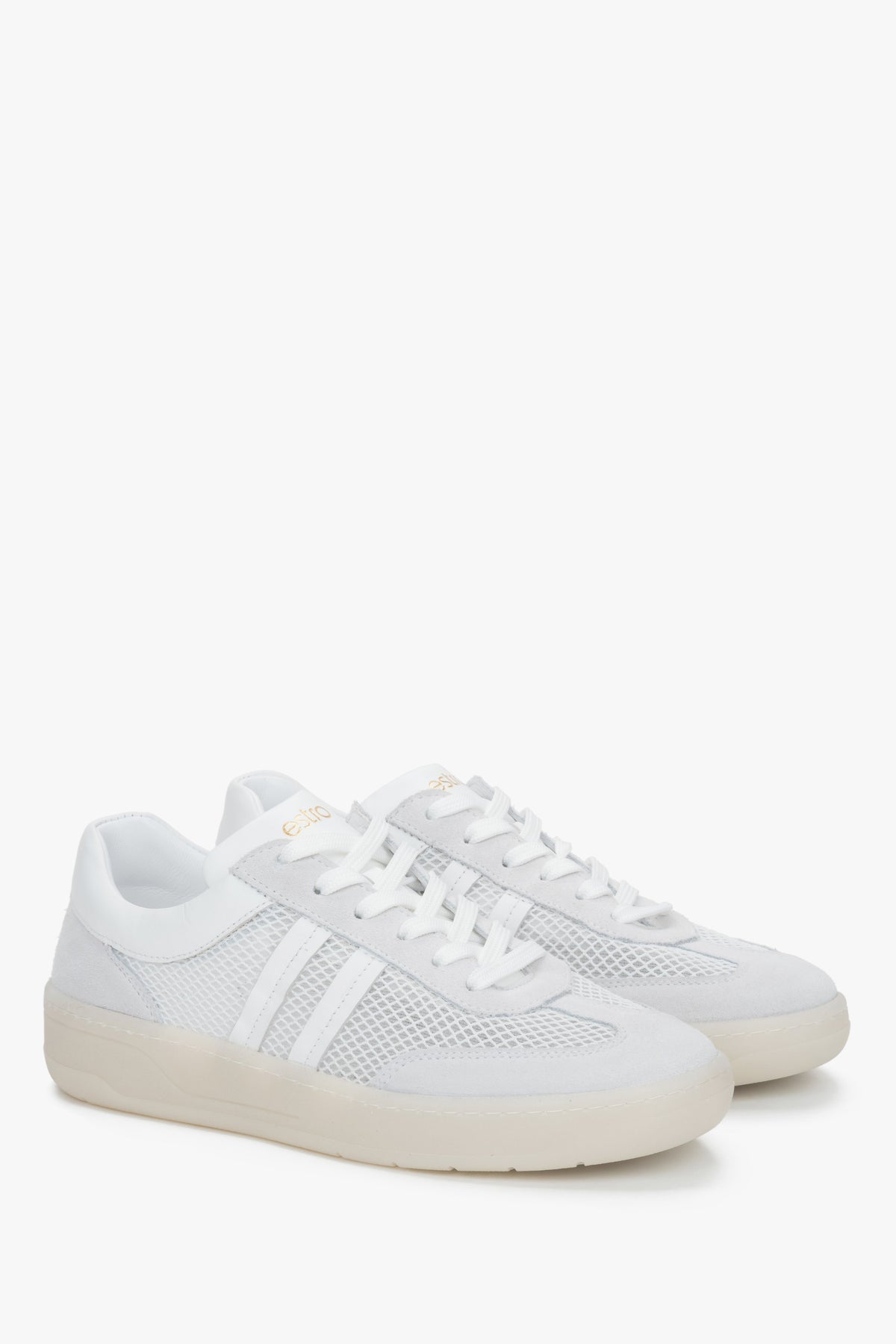 Women's white and beige sneakers made of Italian genuine leather and breathable mesh.
