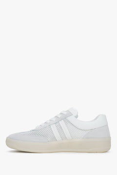 A pair of women's sneakers in white and beige, crafted from a mix of Italian leather and breathable mesh.
