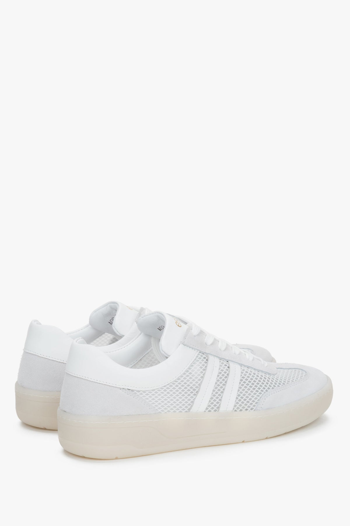 Side profile of women's sneakers, showing the white and beige design with Italian leather and mesh.