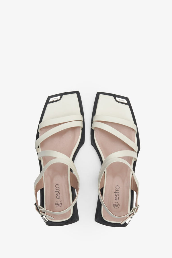 Leather, women's white summer sandals by Estro - presentation of the footwear from the top.