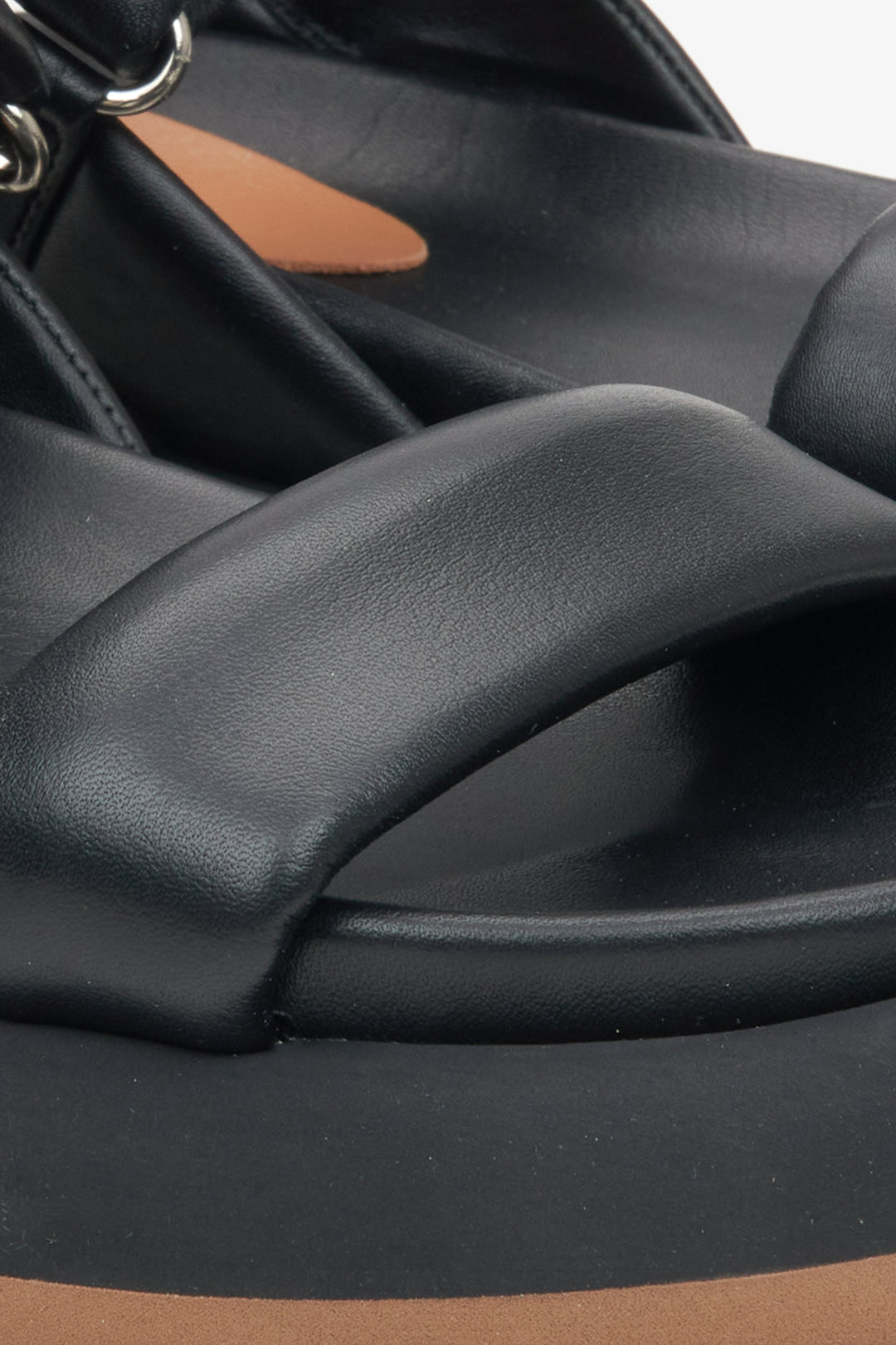 Women's black leather sandals by Estro - close-up on the details.