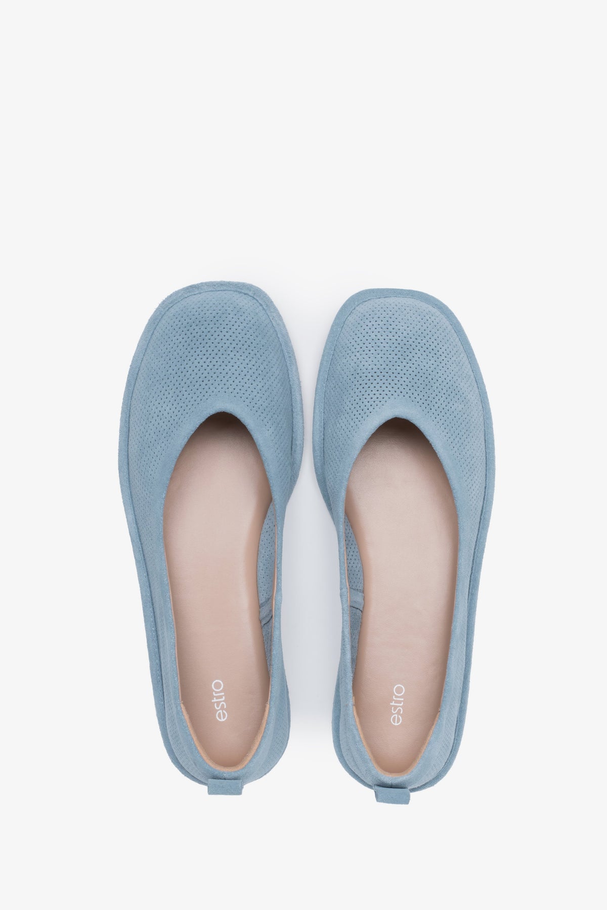 Soft women's ballet flats made of perforated genuine velour in a blue shade by Estro – top view presentation.