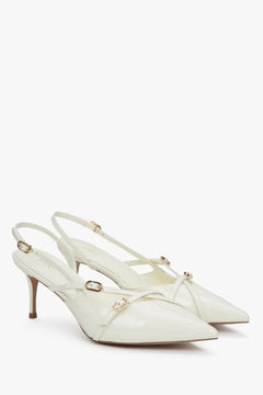 Elegant light beige women's slingback pumps by Estro, crafted from glossy patent genuine leather in a timeless silhouette.