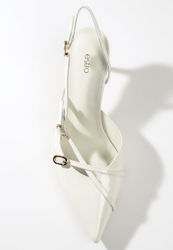 Light beige women's slingback pumps by Estro, crafted from glossy patent genuine leather.