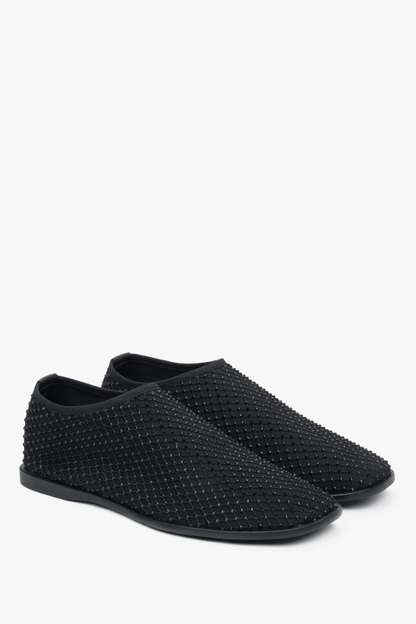 Stylish women's black flats by Estro, crafted from delicate mesh and adorned with shimmering rhinestones.