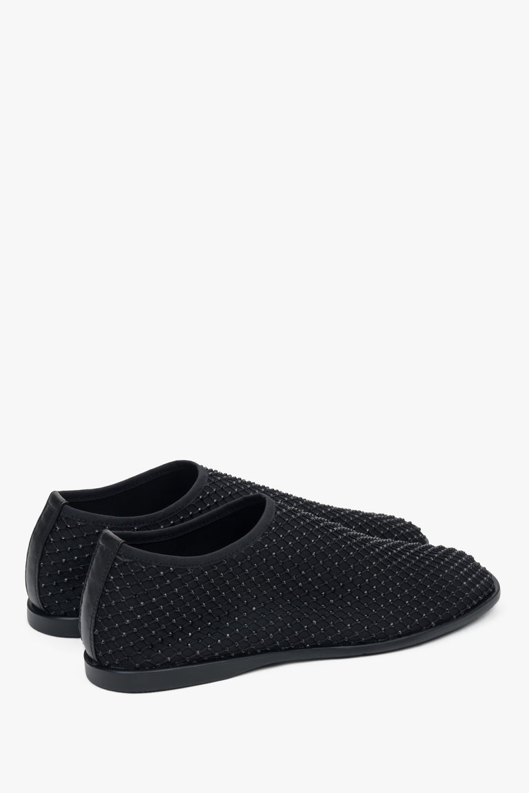 Black flats for women made of soft mesh with shimmering rhinestones by Estro.