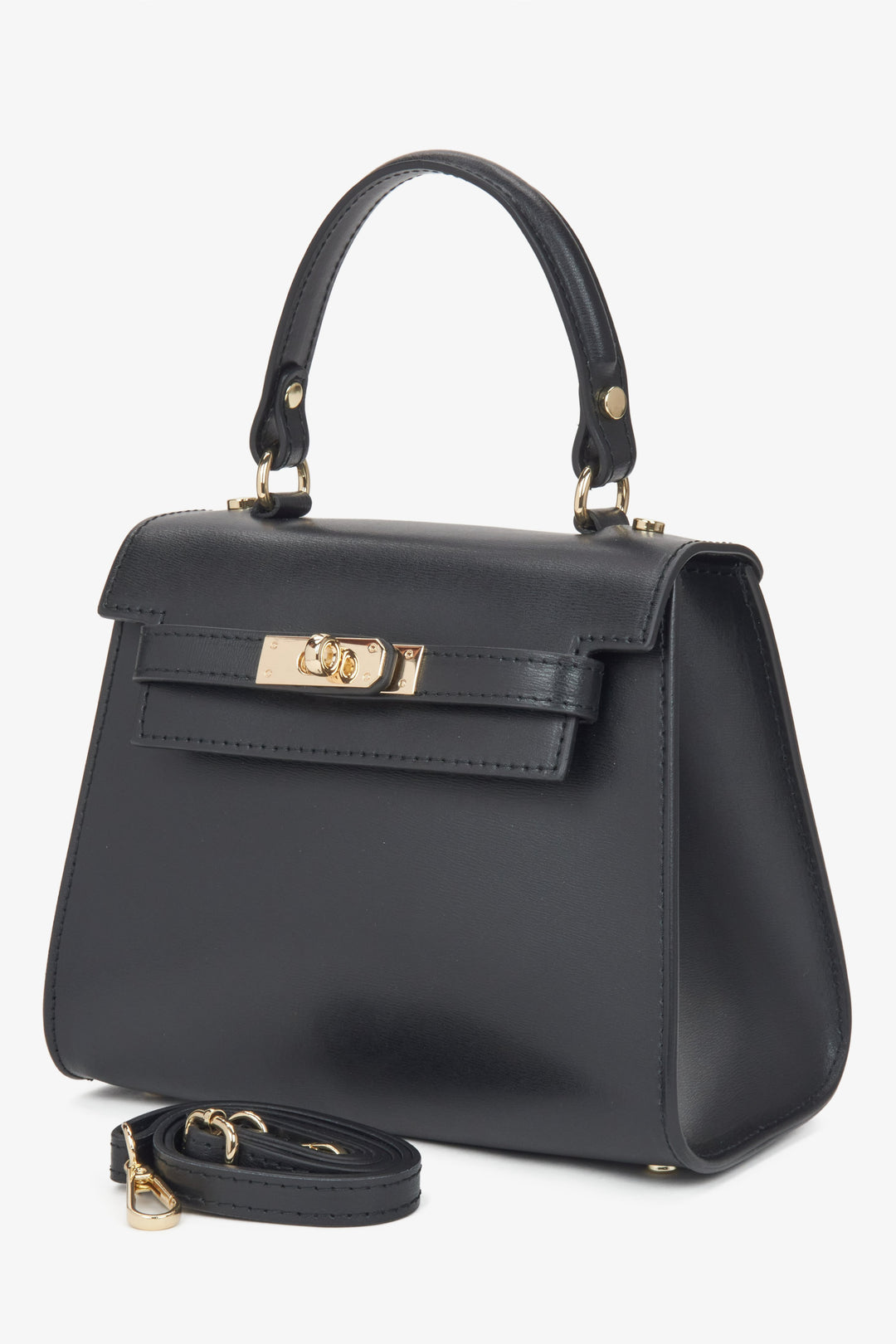 Stylish black women's top-handle bag in a trunk shape, made of premium Italian natural leather Estro.