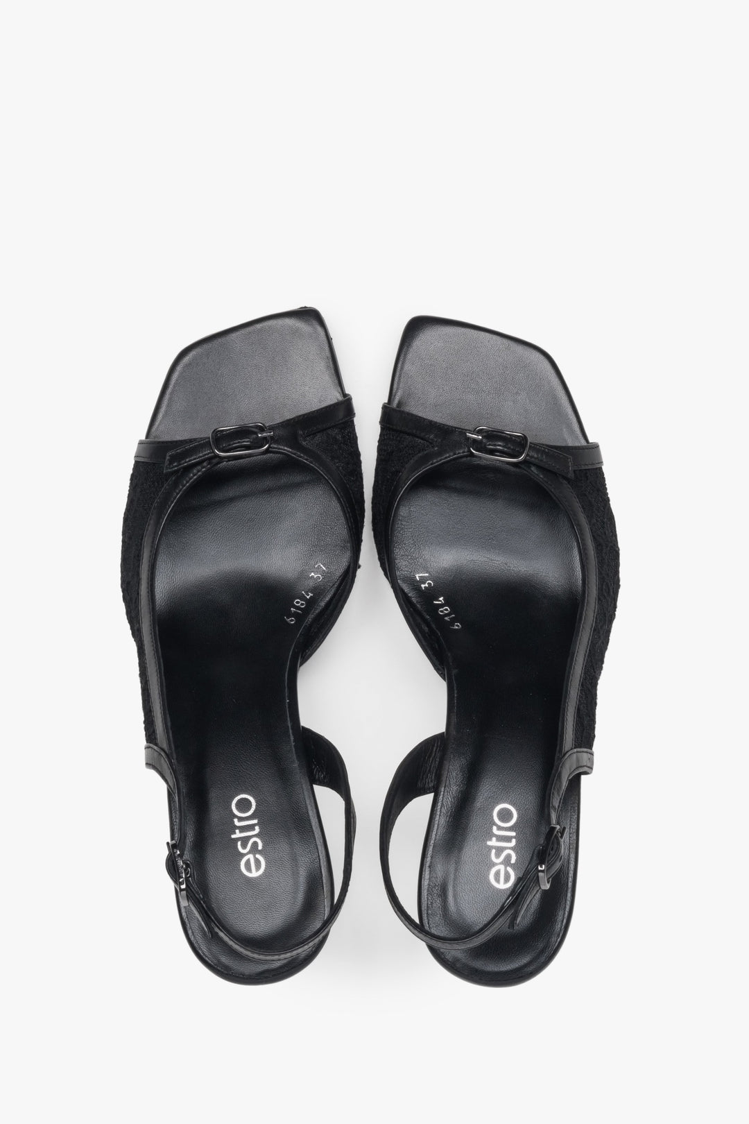 Black slingback heeled sandals with decorative lace.