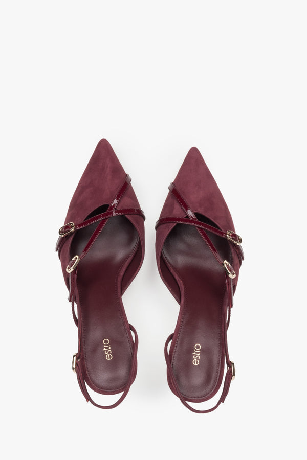 Comfortable burgundy slingback pumps for women by Estro, made from soft velour – top view presentation.