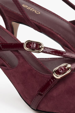 Burgundy slingback pumps for women by Estro, made from soft velour – close-up on the details.