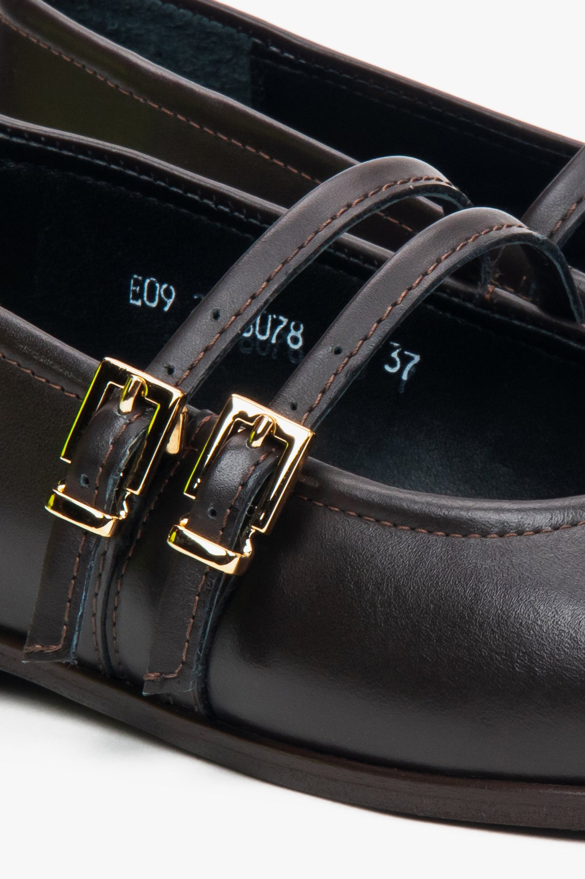 Dark brown women's leather ballet flats - close-up of details.