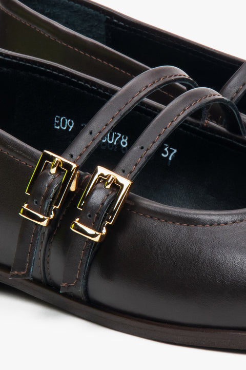 Dark brown women's leather ballet flats - close-up of details.
