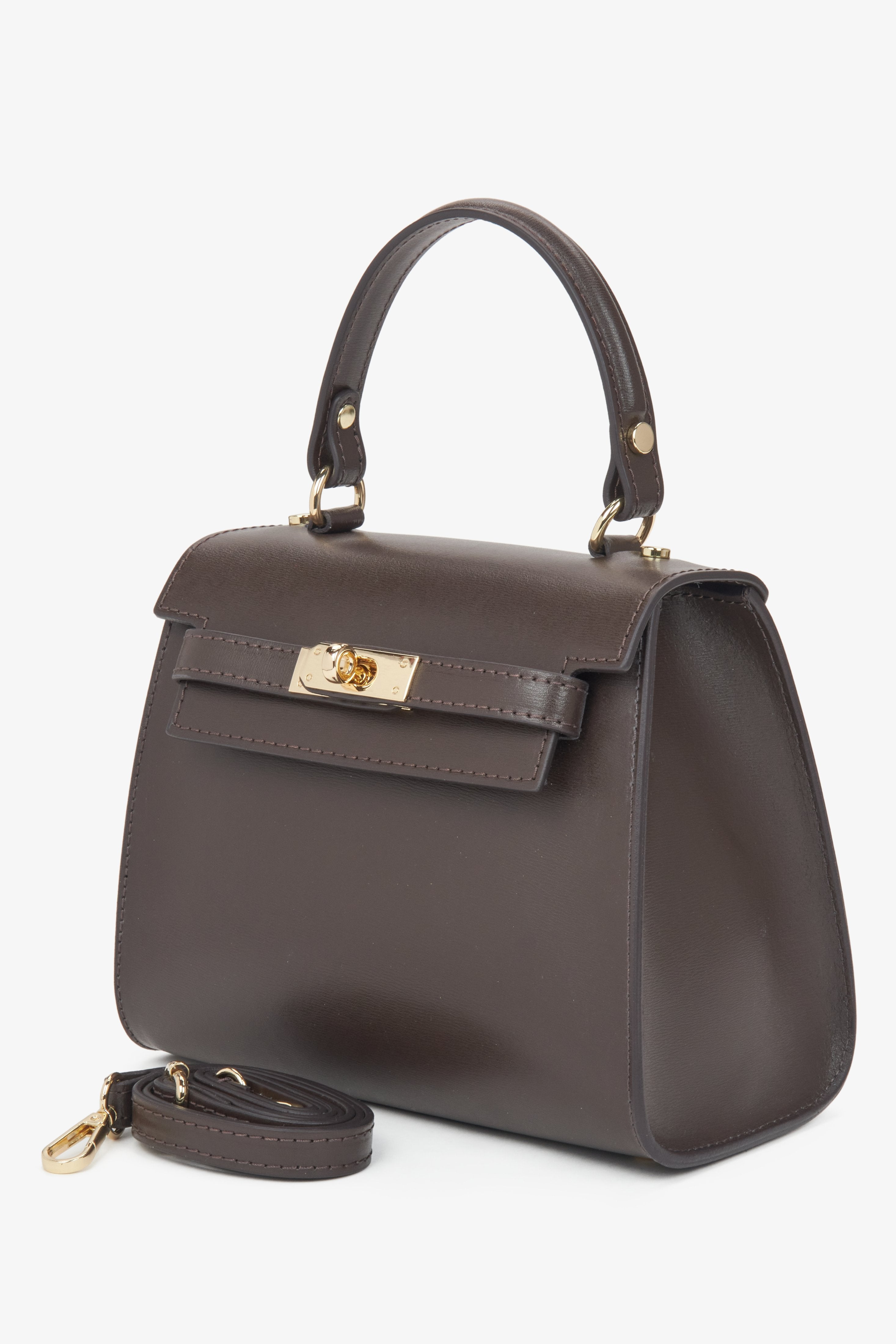 Stylish dark brown women's top-handle bag in a trunk shape, made of premium Italian natural leather Estro.