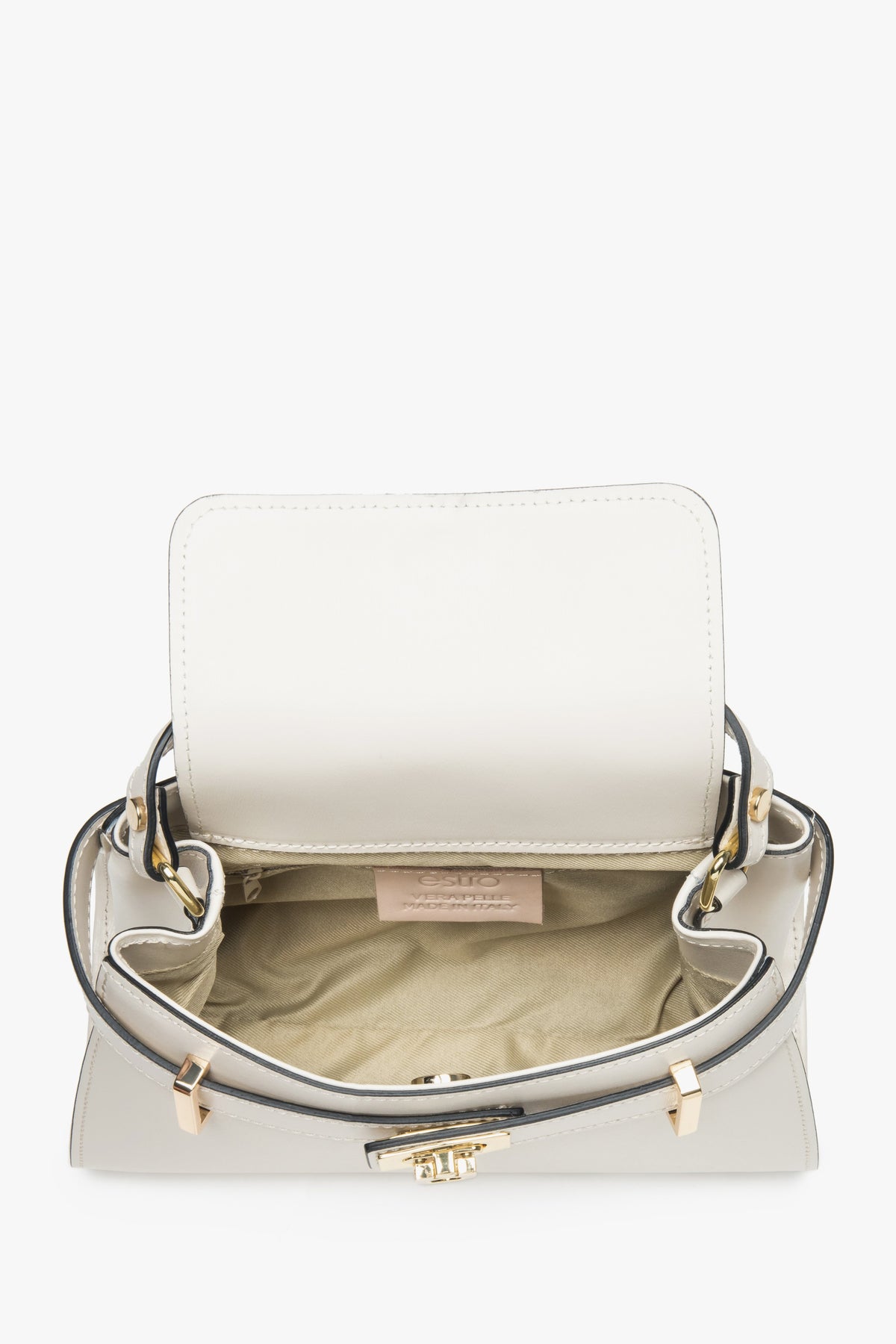 Women's satchel handbag made of premium light beige Italian leather.