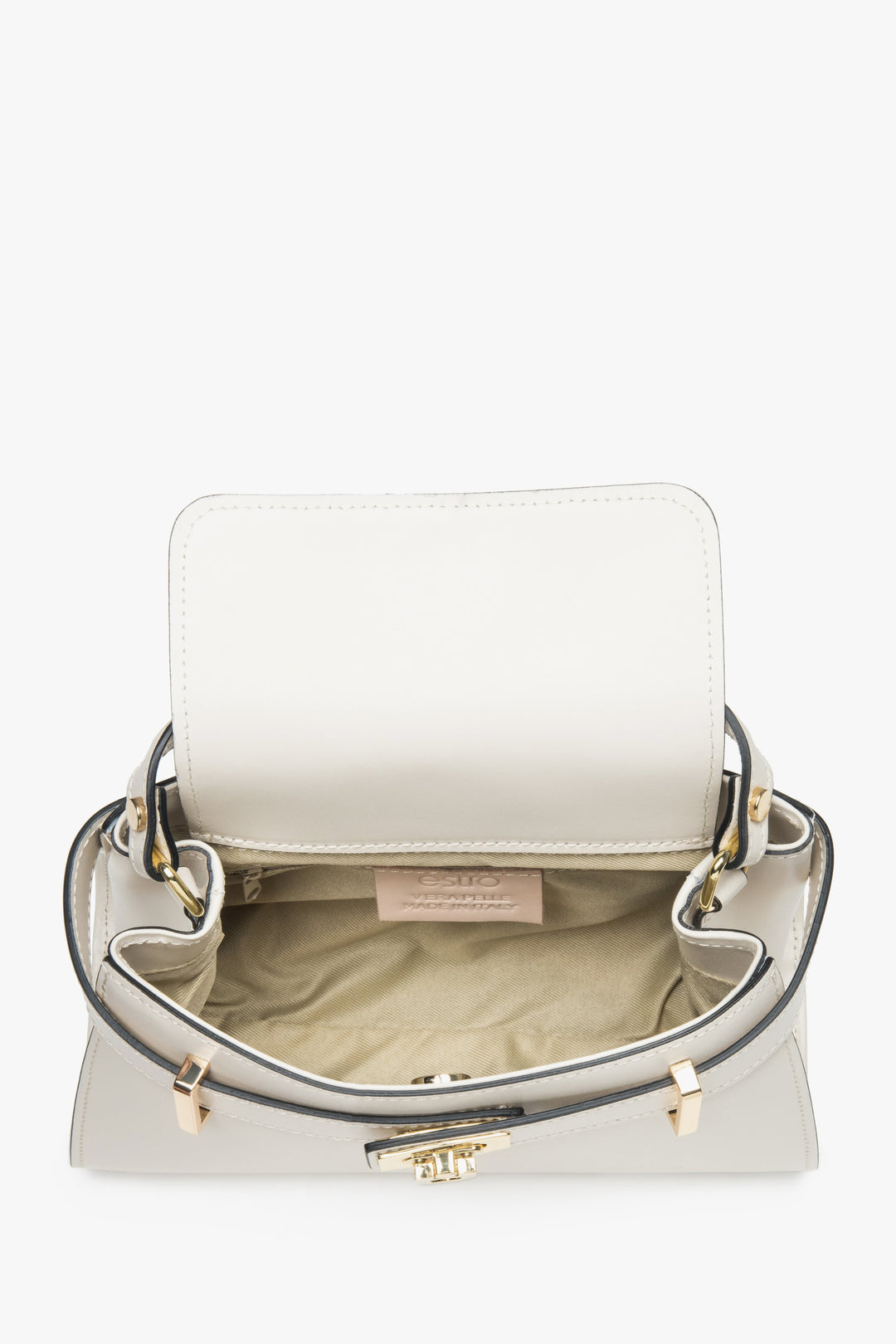 Women's satchel handbag made of premium light beige Italian leather.
