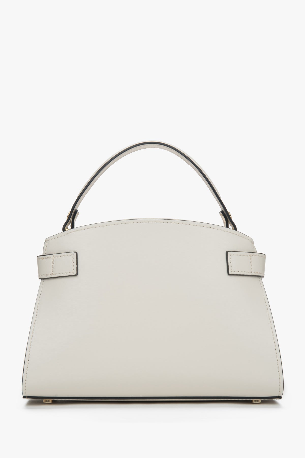 Elegant light beige satchel-style handbag designed to be carried by hand.