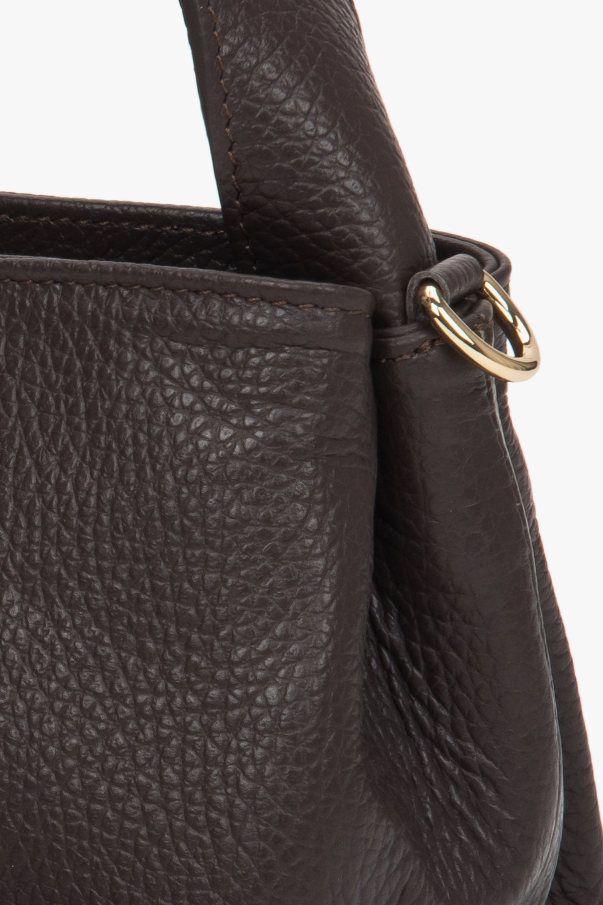 Women's dark brown handbag by Estro - close-up of the detail.