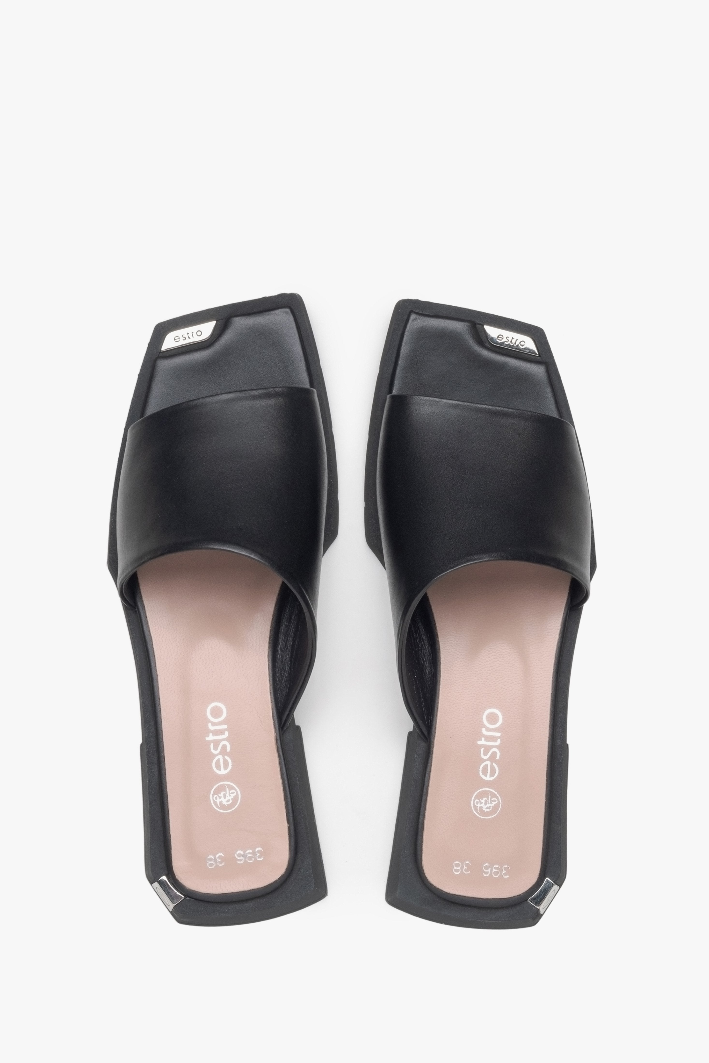 Women's leather mules for summer in black - model presentation from above.