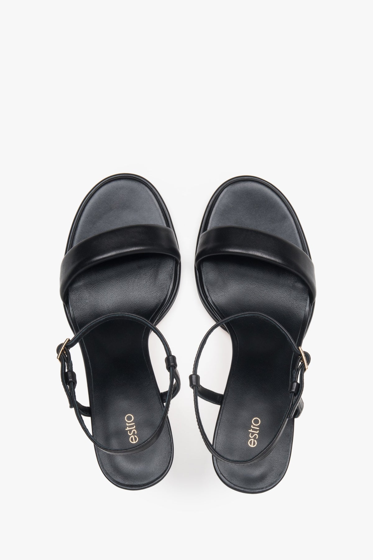 Comfortable black women's sandals by Estro made of natural leather – top view presentation.