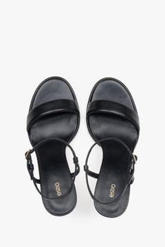 Comfortable black women's sandals by Estro made of natural leather – top view presentation.