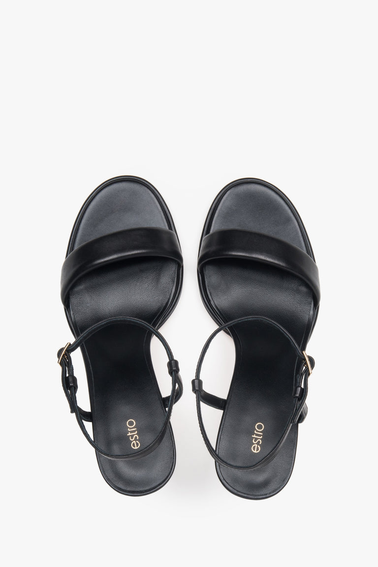 Comfortable black women's sandals by Estro made of natural leather – top view presentation.