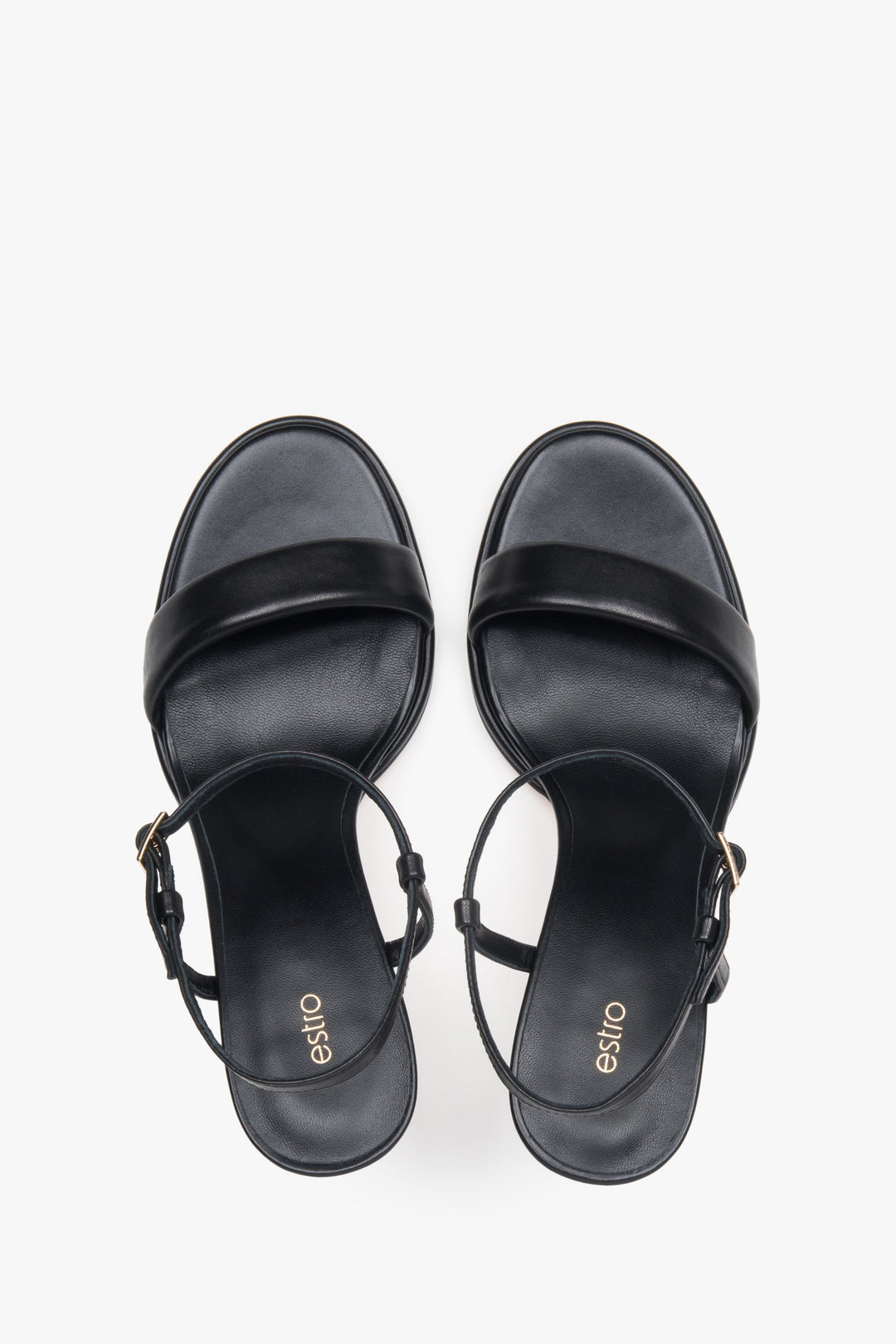 Comfortable black women's sandals by Estro made of natural leather – top view presentation.