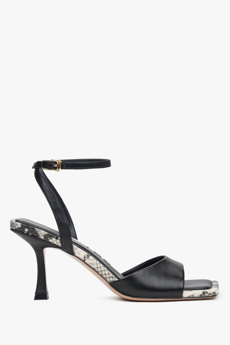 Women's Black Heeled Leather Sandals with an Animal Print Estro ER00117196.