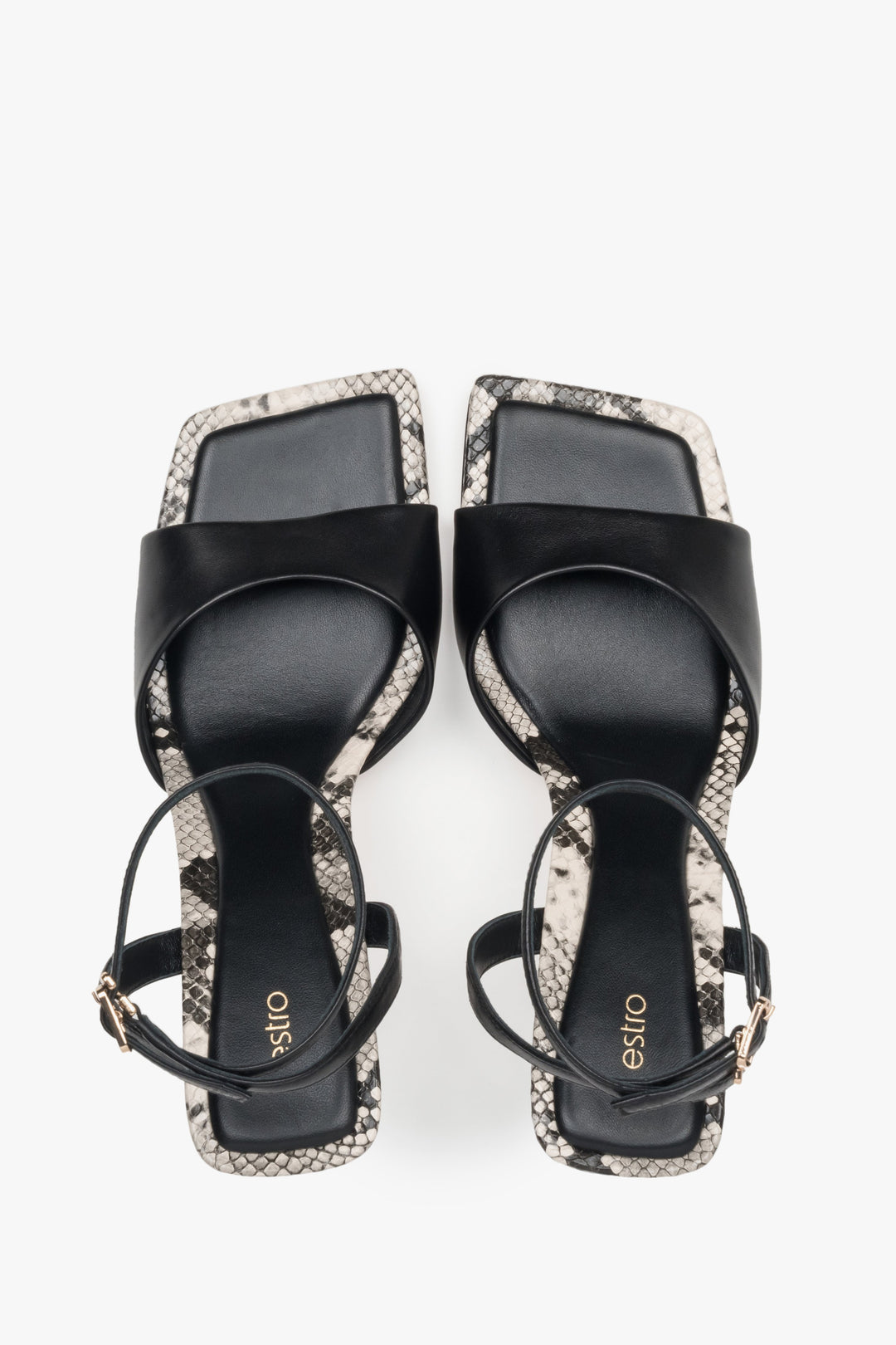Comfortable black women's sandals by Estro, made of natural leather – top view presentation.