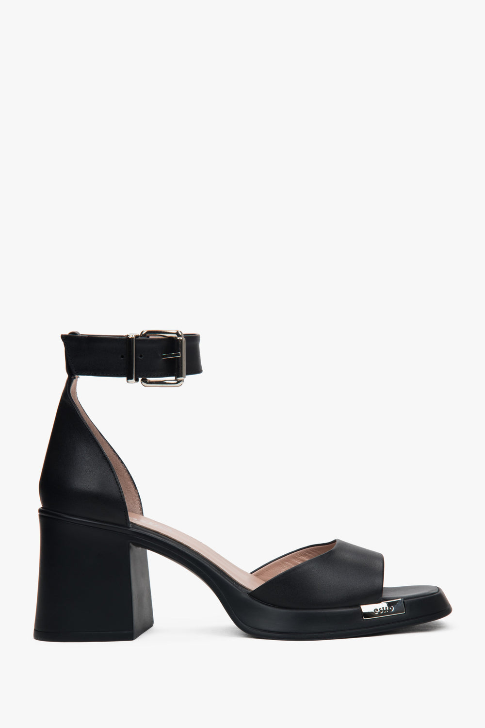 Women's Black Leather Block Heel Sandals Estro ER00117366.