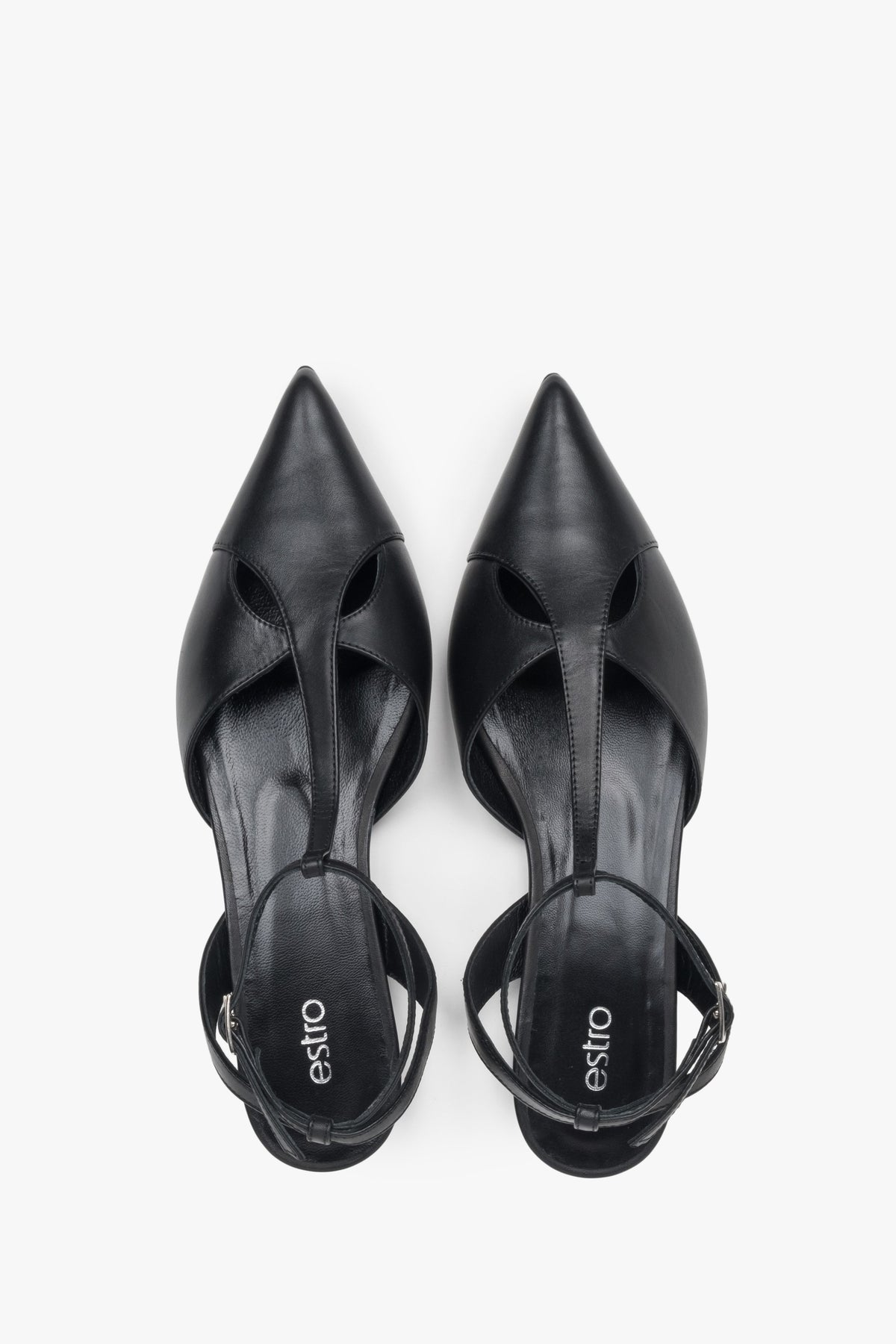 Black natural leather sandals by Estro, perfect for special occasions, featuring a chic pointed toe.