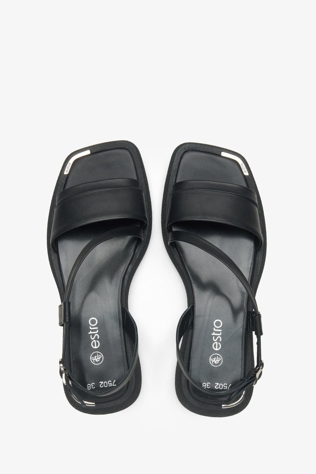 Black leather sandals by Estro, designed for comfort with a specially contoured sole.