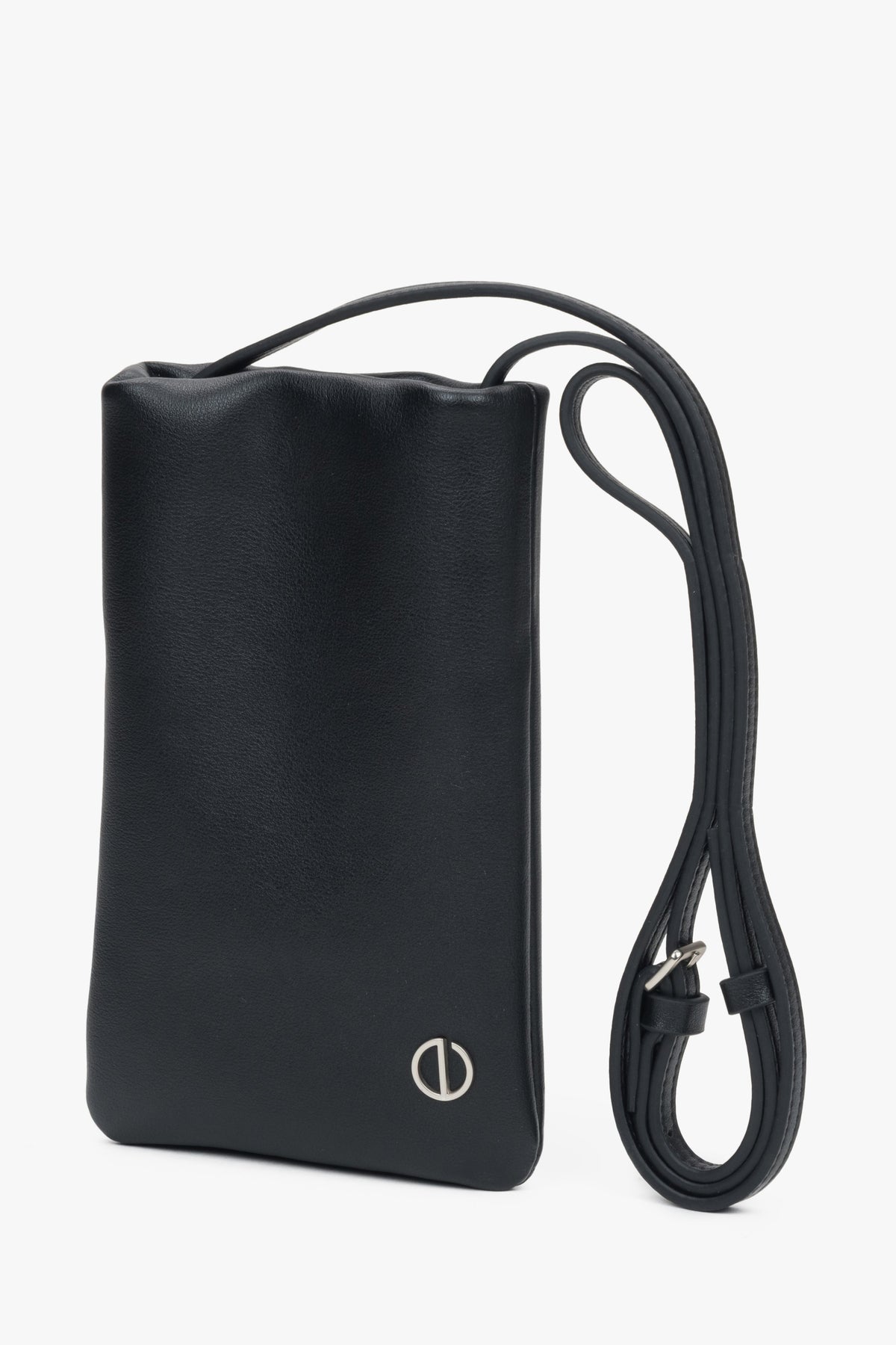Black natural leather phone bag.